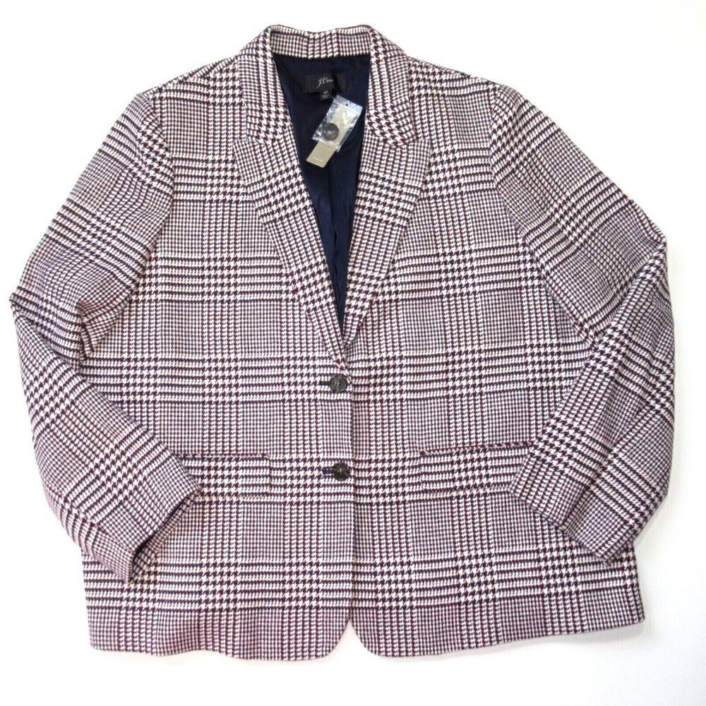 NWT J.Crew Boyfriend Blazer in Ivory Burgundy Shadow Houndstooth Wool Jacket 22